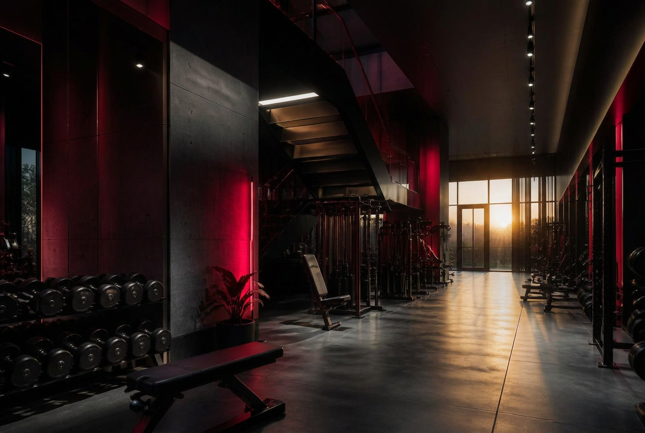 Espace de gym premium à l'aube avec équipement noir mat et éclairage d'accentuation émeraude